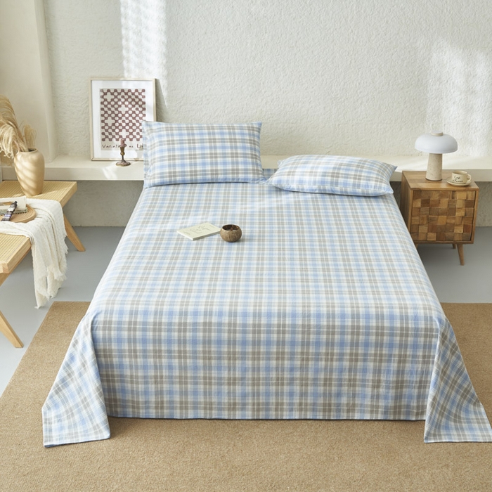 91家纺网 家纺一手货源 找家纺 早晨家纺 2025新款色织纯棉水洗棉床单 森迪-蓝