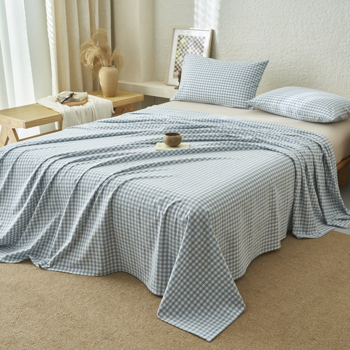 91家纺网 家纺一手货源 找家纺 早晨家纺 2025新款色织纯棉水洗棉床单 蓝小格