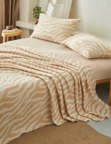 91家纺网 家纺一手货源 找家纺 早晨家纺 2025新款三层纱纯棉提花床单 斑马纹床单-驼色