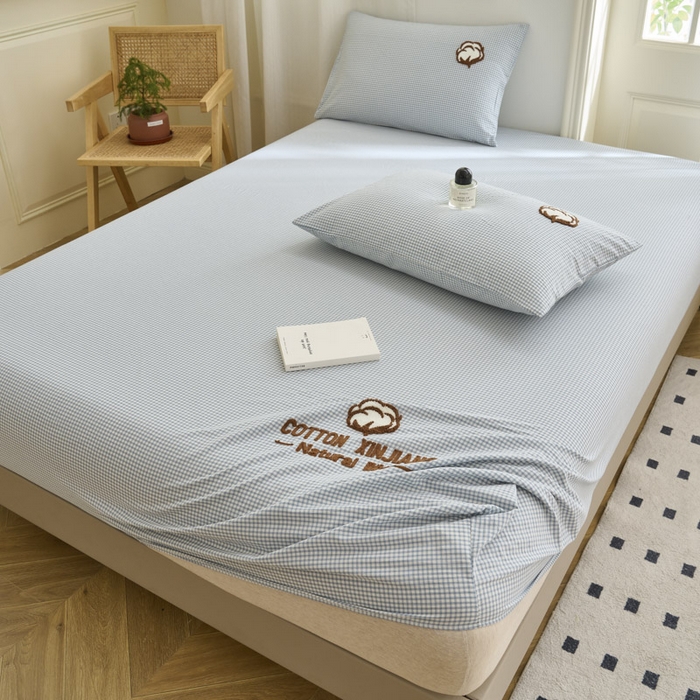 91家纺网 家纺一手货源 找家纺 早晨家纺 2025新款色织纯棉水洗棉毛巾绣床笠 星曜床笠-浅兰