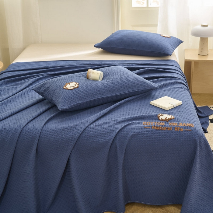 91家纺网 家纺一手货源 找家纺 早晨家纺 2025新款纯棉华夫格床单 纯棉华夫格床单-牛仔蓝