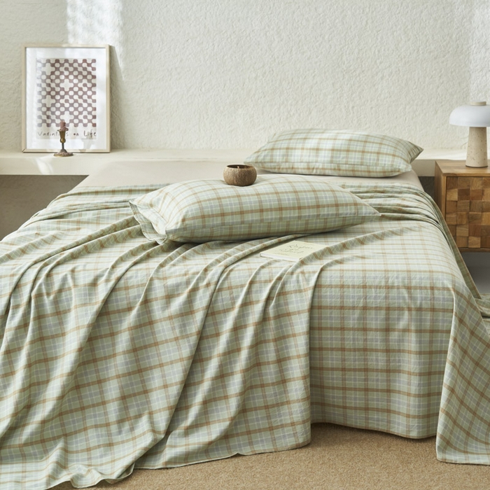 91家纺网 家纺一手货源 找家纺 早晨家纺 2025新款色织纯棉水洗棉床单 梦雨-绿