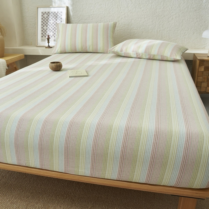 91家纺网 家纺一手货源 找家纺 早晨家纺 2025新款色织纯棉水洗棉床笠 克鲁奇-绿