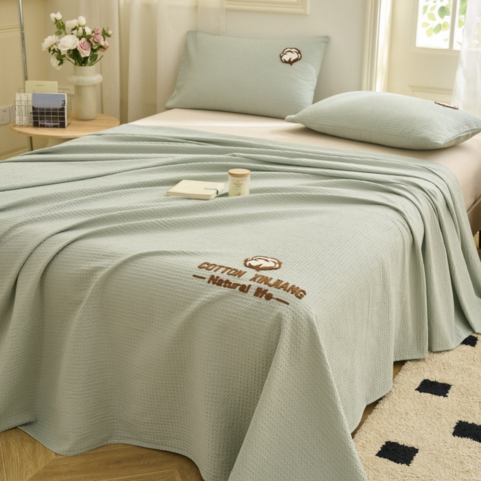 91家纺网 家纺一手货源 找家纺 早晨家纺 2025新款纯棉华夫格床单 纯棉华夫格床单-浅蓝