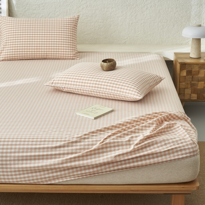 91家纺网 家纺一手货源 找家纺 早晨家纺 2025新款色织纯棉水洗棉床笠 粉小格