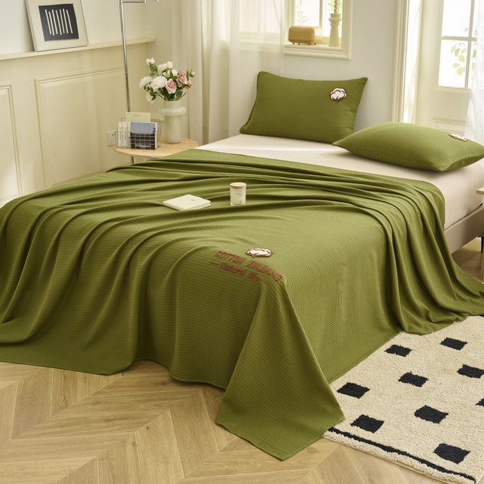91家纺网 家纺一手货源 找家纺 早晨家纺 2025新款纯棉华夫格床单 纯棉华夫格床单-橄榄绿