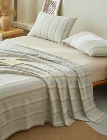 91家纺网 家纺一手货源 找家纺 早晨家纺 2025新款色织纯棉水洗棉床单 凯西亚-蓝