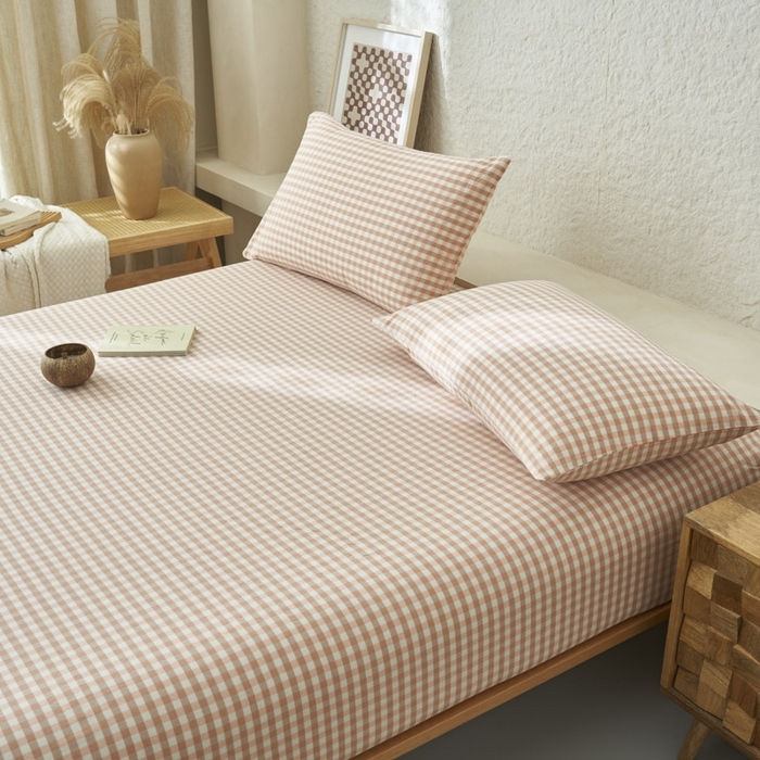 91家纺网 家纺一手货源 找家纺 早晨家纺 2025新款色织纯棉水洗棉床笠 粉小格