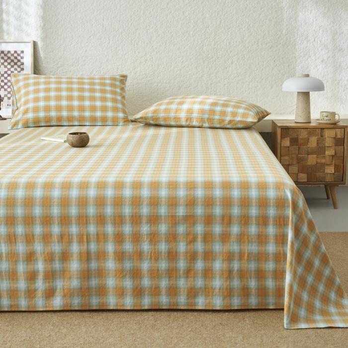 91家纺网 家纺一手货源 找家纺 早晨家纺 2025新款色织纯棉水洗棉床单 沐夏-桔