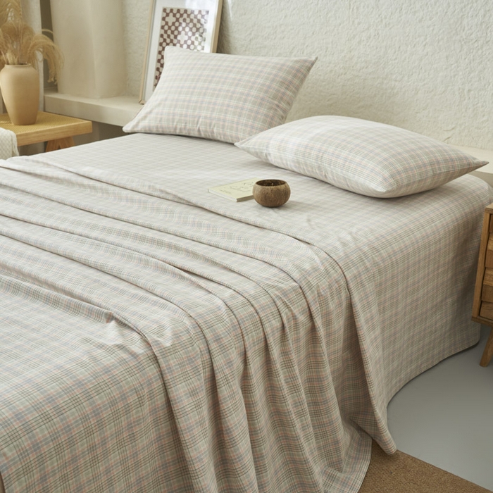 91家纺网 家纺一手货源 找家纺 早晨家纺 2025新款色织纯棉水洗棉床单 丛草集-粉