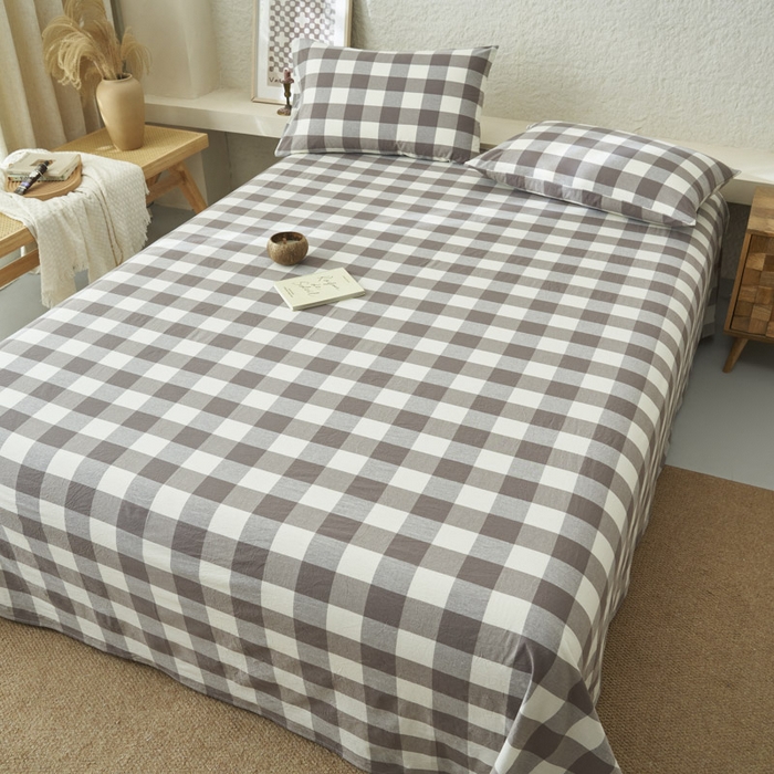 91家纺网 家纺一手货源 找家纺 早晨家纺 2025新款色织纯棉水洗棉床单 灰中格