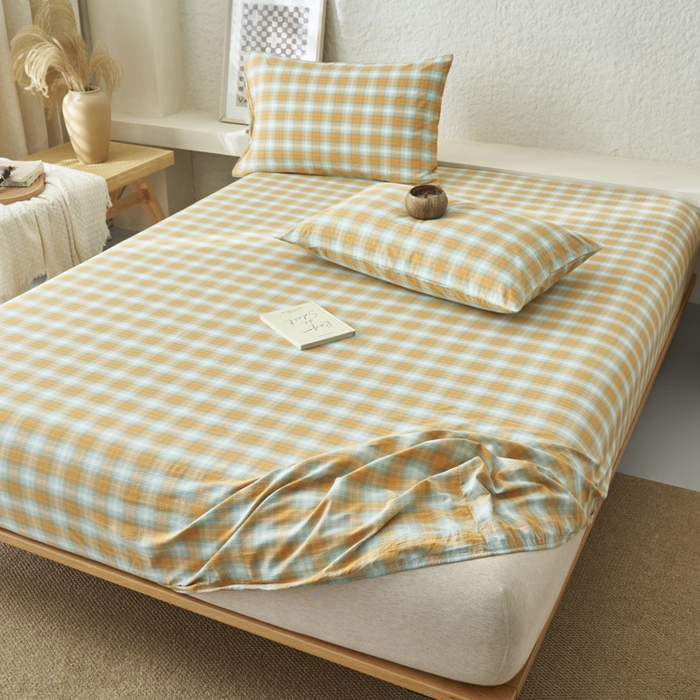 91家纺网 家纺一手货源 找家纺 早晨家纺 2025新款色织纯棉水洗棉床笠 沐夏-桔