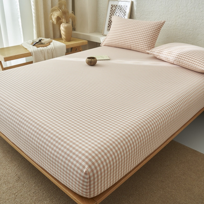 91家纺网 家纺一手货源 找家纺 早晨家纺 2025新款色织纯棉水洗棉床笠 粉小格