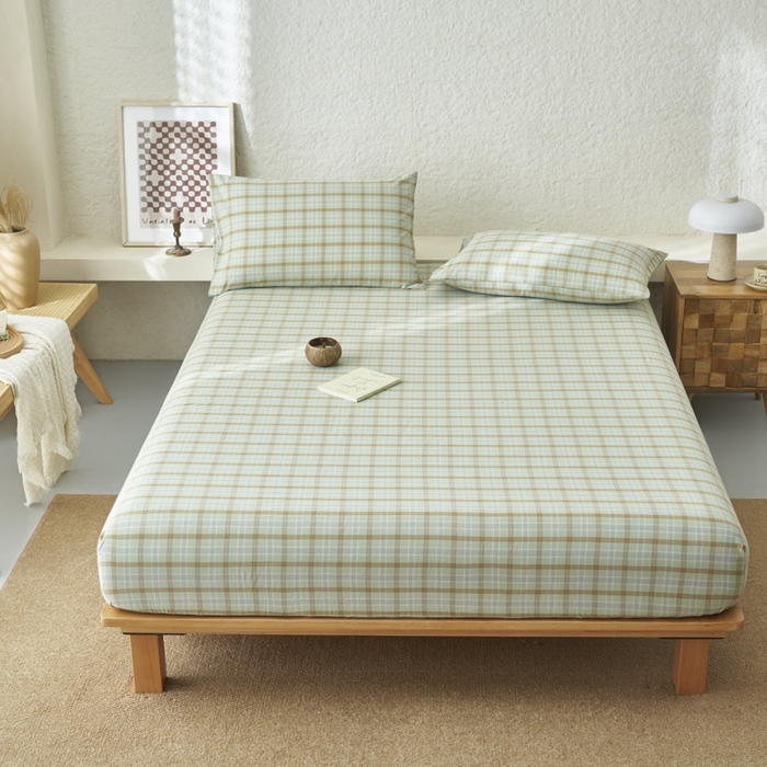 91家纺网 家纺一手货源 找家纺 早晨家纺 2025新款色织纯棉水洗棉床笠 梦雨-绿