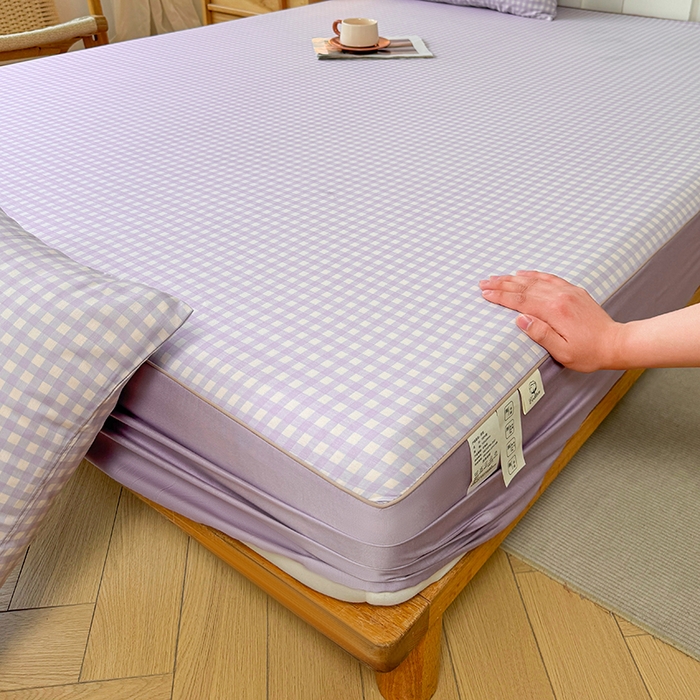 91家纺网 家纺一手货源 找家纺 笠裙家纺 2025新款进口凉感莱赛尔天丝床笠套三件套 美格紫