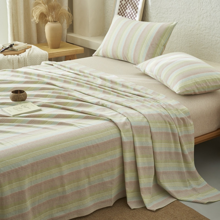 91家纺网 家纺一手货源 找家纺 早晨家纺 2025新款色织纯棉水洗棉床单 克鲁奇-绿