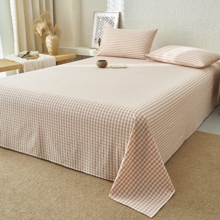 91家纺网 家纺一手货源 找家纺 早晨家纺 2025新款色织纯棉水洗棉床单 粉小格