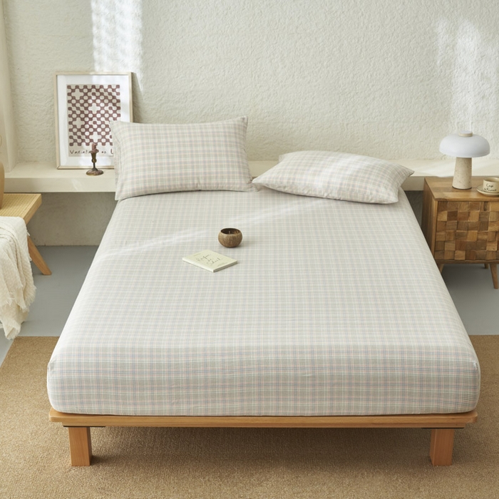 91家纺网 家纺一手货源 找家纺 早晨家纺 2025新款色织纯棉水洗棉床笠 丛草集-粉