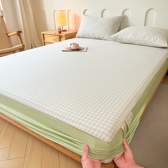 91家纺网 家纺一手货源 找家纺 笠裙家纺 2025新款进口凉感莱赛尔天丝床笠套三件套 美格绿