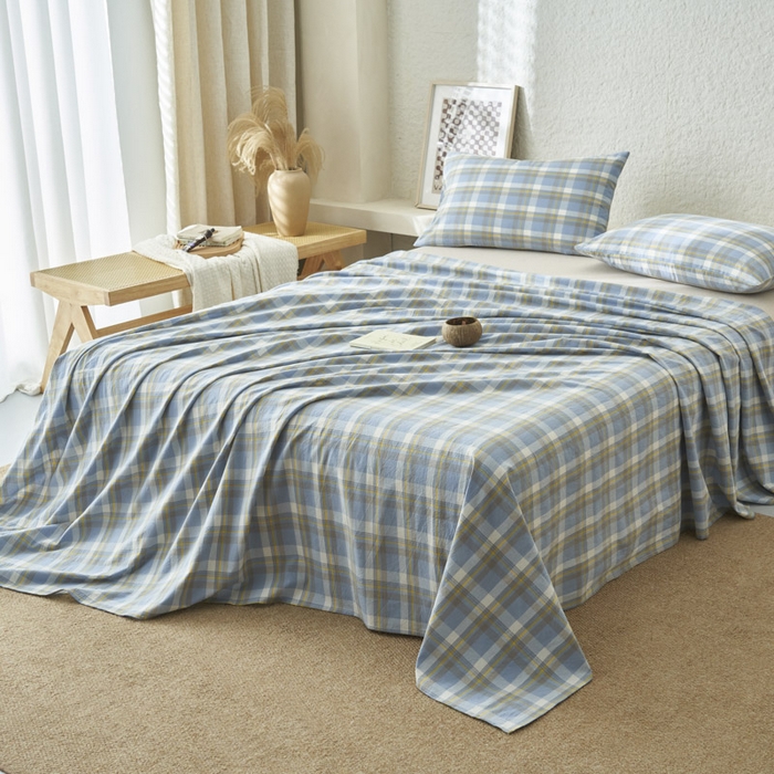 91家纺网 家纺一手货源 找家纺 早晨家纺 2025新款色织纯棉水洗棉床单 简兮-蓝