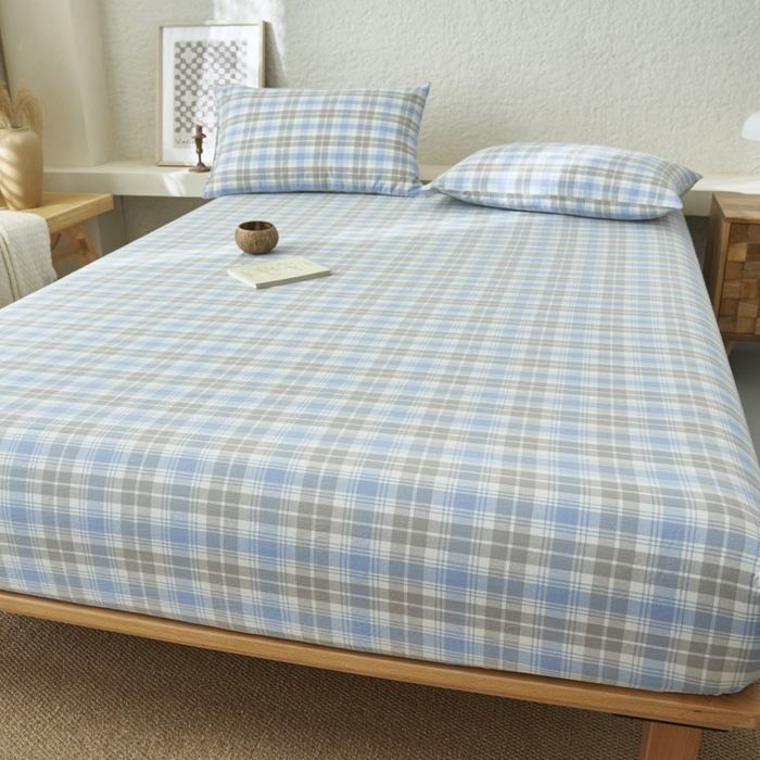 91家纺网 家纺一手货源 找家纺 早晨家纺 2025新款色织纯棉水洗棉床笠 森迪-蓝