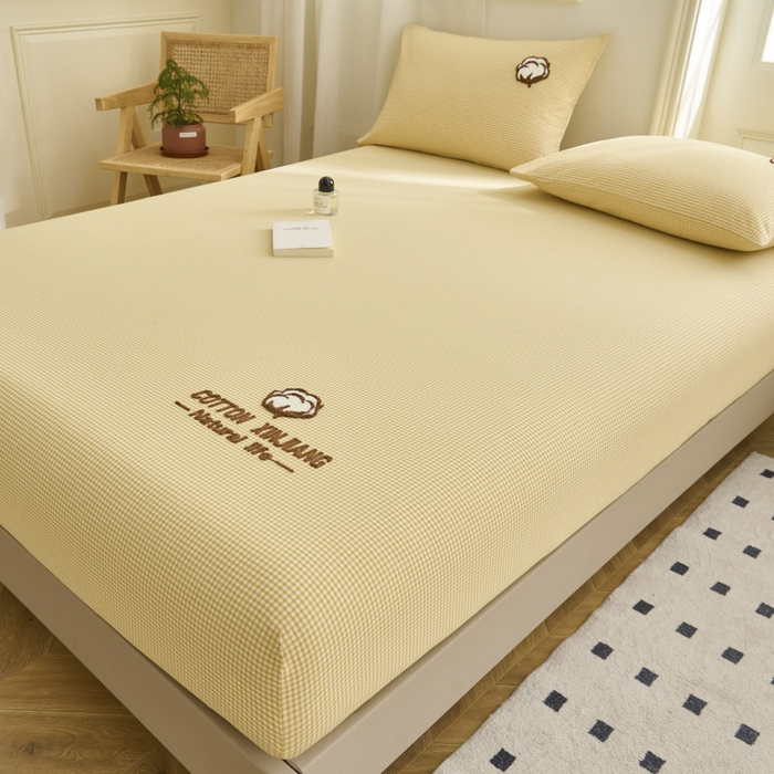 91家纺网 家纺一手货源 找家纺 早晨家纺 2025新款色织纯棉水洗棉毛巾绣床笠 星曜床笠-姜黄