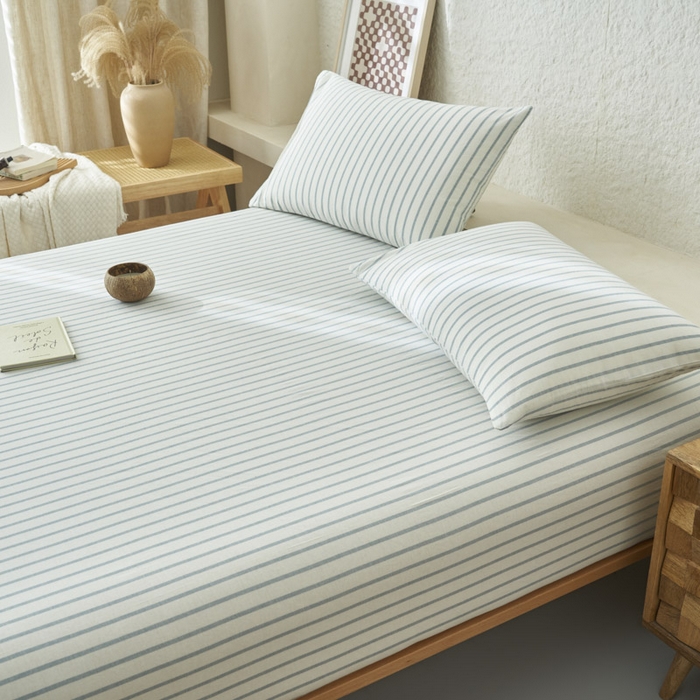 91家纺网 家纺一手货源 找家纺 早晨家纺 2025新款色织纯棉水洗棉床笠 格律时尚-浅兰