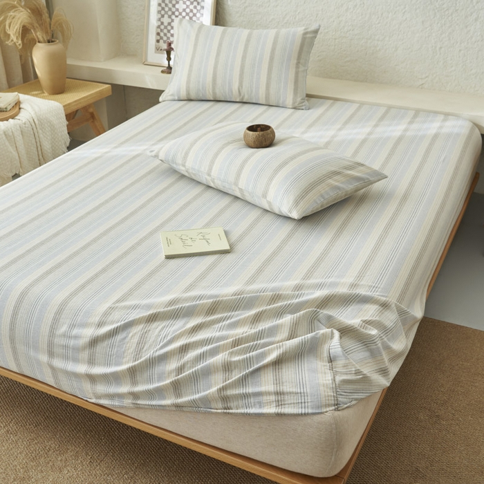 91家纺网 家纺一手货源 找家纺 早晨家纺 2025新款色织纯棉水洗棉床笠 凯西亚-蓝