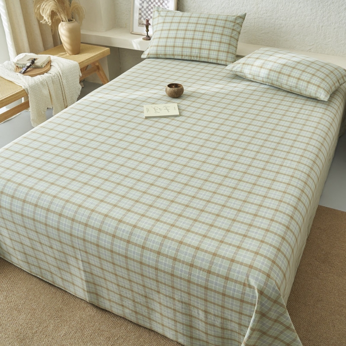 91家纺网 家纺一手货源 找家纺 早晨家纺 2025新款色织纯棉水洗棉床单 梦雨-绿