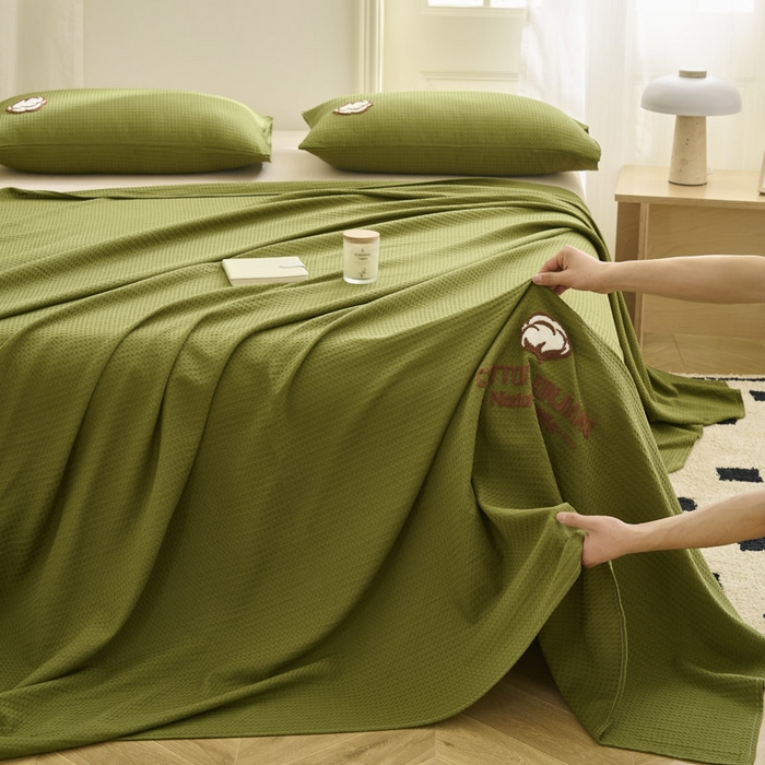 91家纺网 家纺一手货源 找家纺 早晨家纺 2025新款纯棉华夫格床单 纯棉华夫格床单-橄榄绿