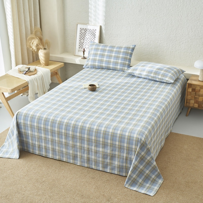 91家纺网 家纺一手货源 找家纺 早晨家纺 2025新款色织纯棉水洗棉床单 简兮-蓝