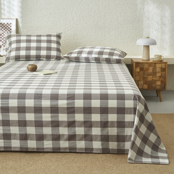 91家纺网 家纺一手货源 找家纺 早晨家纺 2025新款色织纯棉水洗棉床单 灰中格