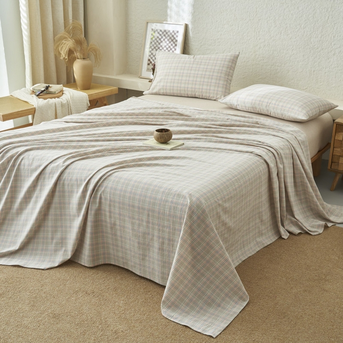 91家纺网 家纺一手货源 找家纺 早晨家纺 2025新款色织纯棉水洗棉床单 丛草集-粉