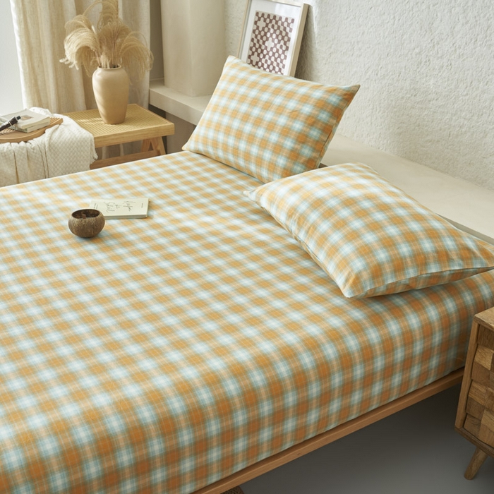 91家纺网 家纺一手货源 找家纺 早晨家纺 2025新款色织纯棉水洗棉床笠 沐夏-桔