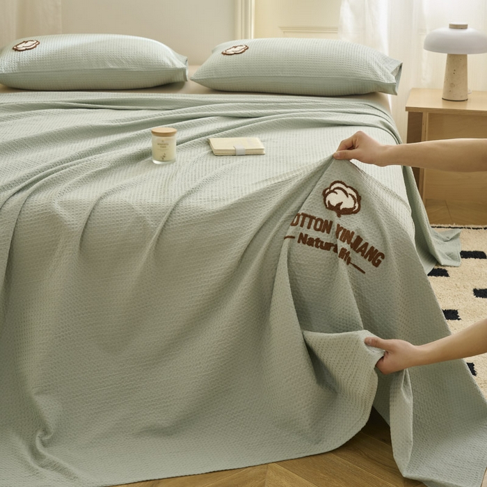 91家纺网 家纺一手货源 找家纺 早晨家纺 2025新款纯棉华夫格床单 纯棉华夫格床单-浅蓝