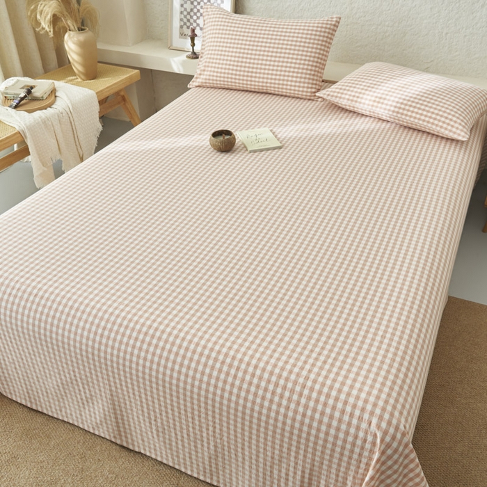 91家纺网 家纺一手货源 找家纺 早晨家纺 2025新款色织纯棉水洗棉床单 粉小格