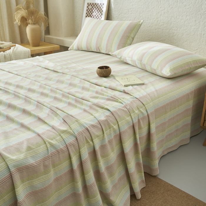 91家纺网 家纺一手货源 找家纺 早晨家纺 2025新款色织纯棉水洗棉床单 克鲁奇-绿