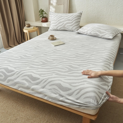 早晨家纺 2025新款三层纱纯棉提花床笠 斑马纹床笠-浅灰
