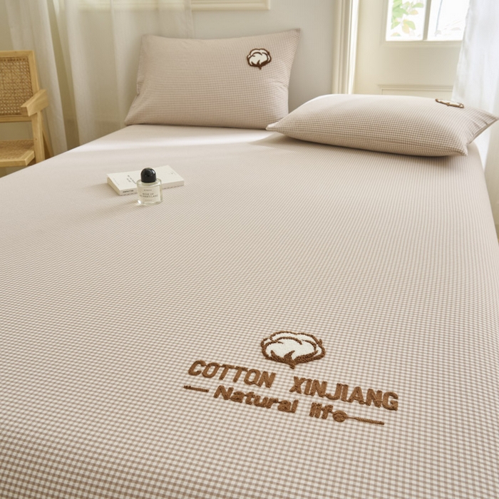 91家纺网 家纺一手货源 找家纺 早晨家纺 2025新款色织纯棉水洗棉毛巾绣床笠 星曜床笠-米咖