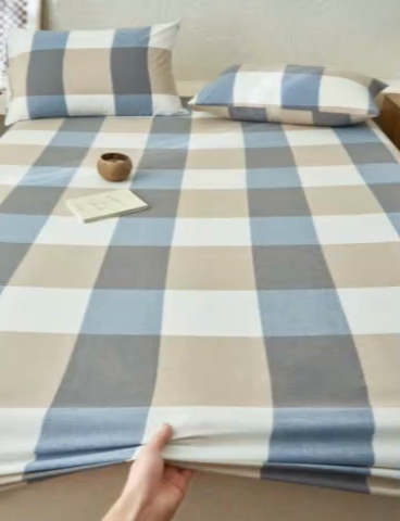 91家纺网 家纺一手货源 找家纺 早晨家纺 2025新款色织纯棉水洗棉床笠 蓝大格