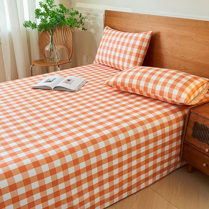 91家纺网 家纺一手货源 找家纺 义博家纺 2025新款纯棉老粗布床单 夏日橙中格