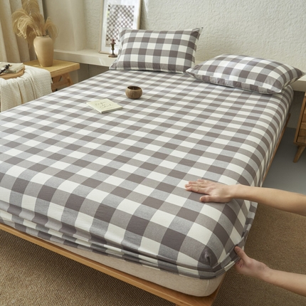 早晨家纺 2025新款色织纯棉水洗棉床笠 灰中格