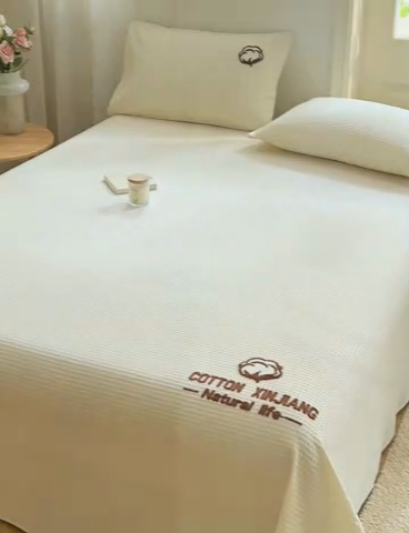 91家纺网 家纺一手货源 找家纺 早晨家纺 2025新款纯棉华夫格床单 纯棉华夫格床单-奶昔白