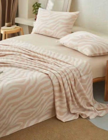 91家纺网 家纺一手货源 找家纺 早晨家纺 2025新款三层纱纯棉提花床单 斑马纹床单-咖色