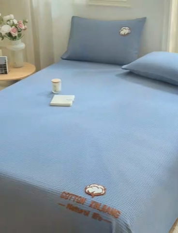 91家纺网 家纺一手货源 找家纺 早晨家纺 2025新款纯棉华夫格床单 纯棉华夫格床单-宾利蓝
