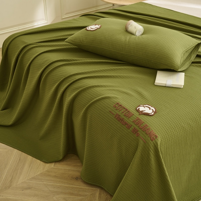 91家纺网 家纺一手货源 找家纺 早晨家纺 2025新款纯棉华夫格床单 纯棉华夫格床单-橄榄绿
