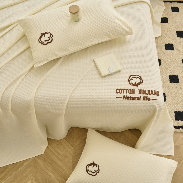 91家纺网 家纺一手货源 找家纺 早晨家纺 2025新款纯棉华夫格床单 纯棉华夫格床单-奶昔白