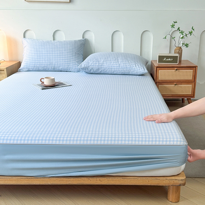 91家纺网 家纺一手货源 找家纺 笠裙家纺 2025新款进口凉感莱赛尔天丝床笠套三件套 美格蓝