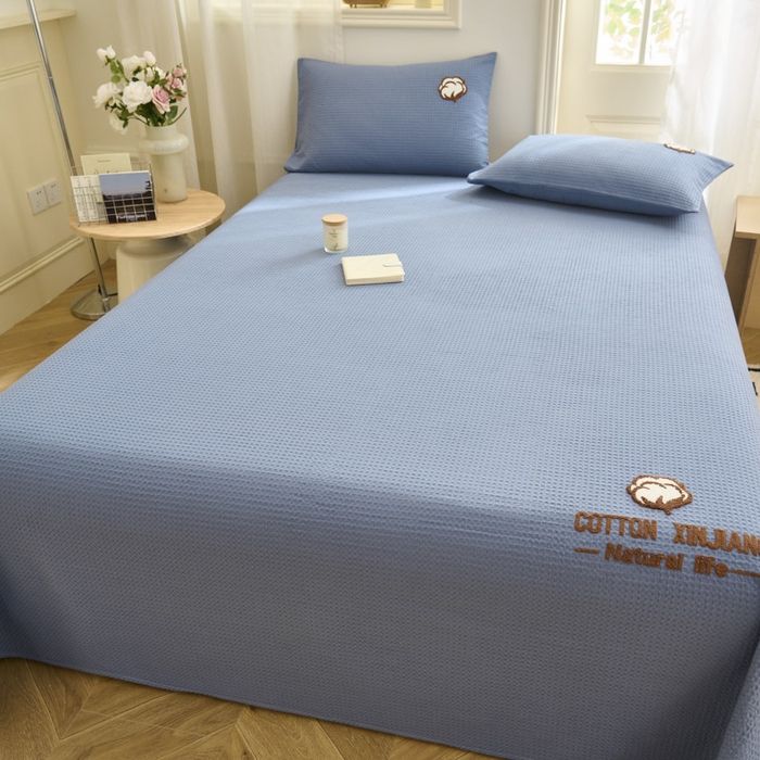 91家纺网 家纺一手货源 找家纺 早晨家纺 2025新款纯棉华夫格床单 纯棉华夫格床单-宾利蓝