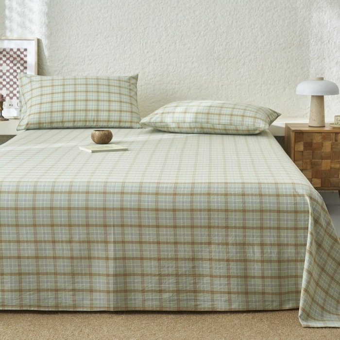 91家纺网 家纺一手货源 找家纺 早晨家纺 2025新款色织纯棉水洗棉床单 梦雨-绿